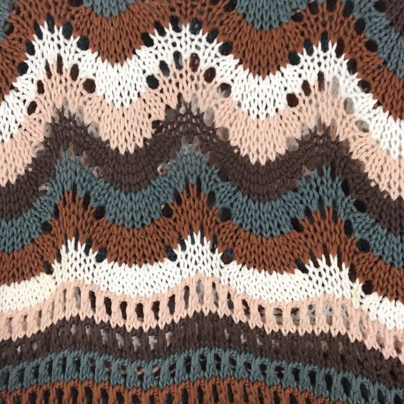 Evereve Open Knit Sweater Short Sleeve 100% Cotton Brown Blue White Stripe Large - Picture 2 of 8